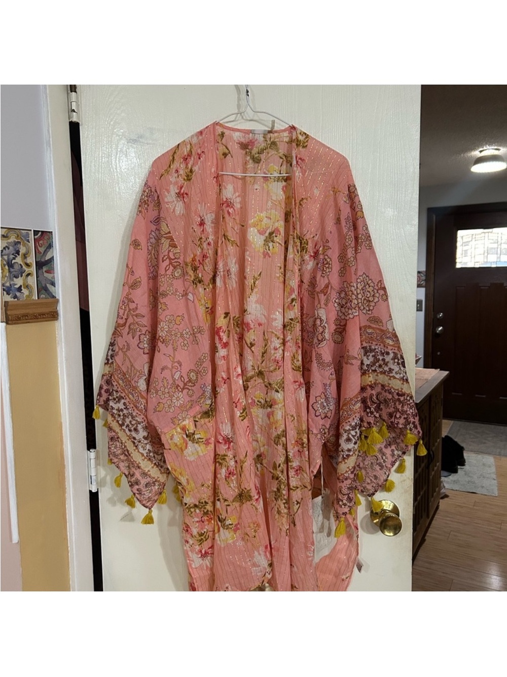 Pink Floral Kimono with Tassel Trim